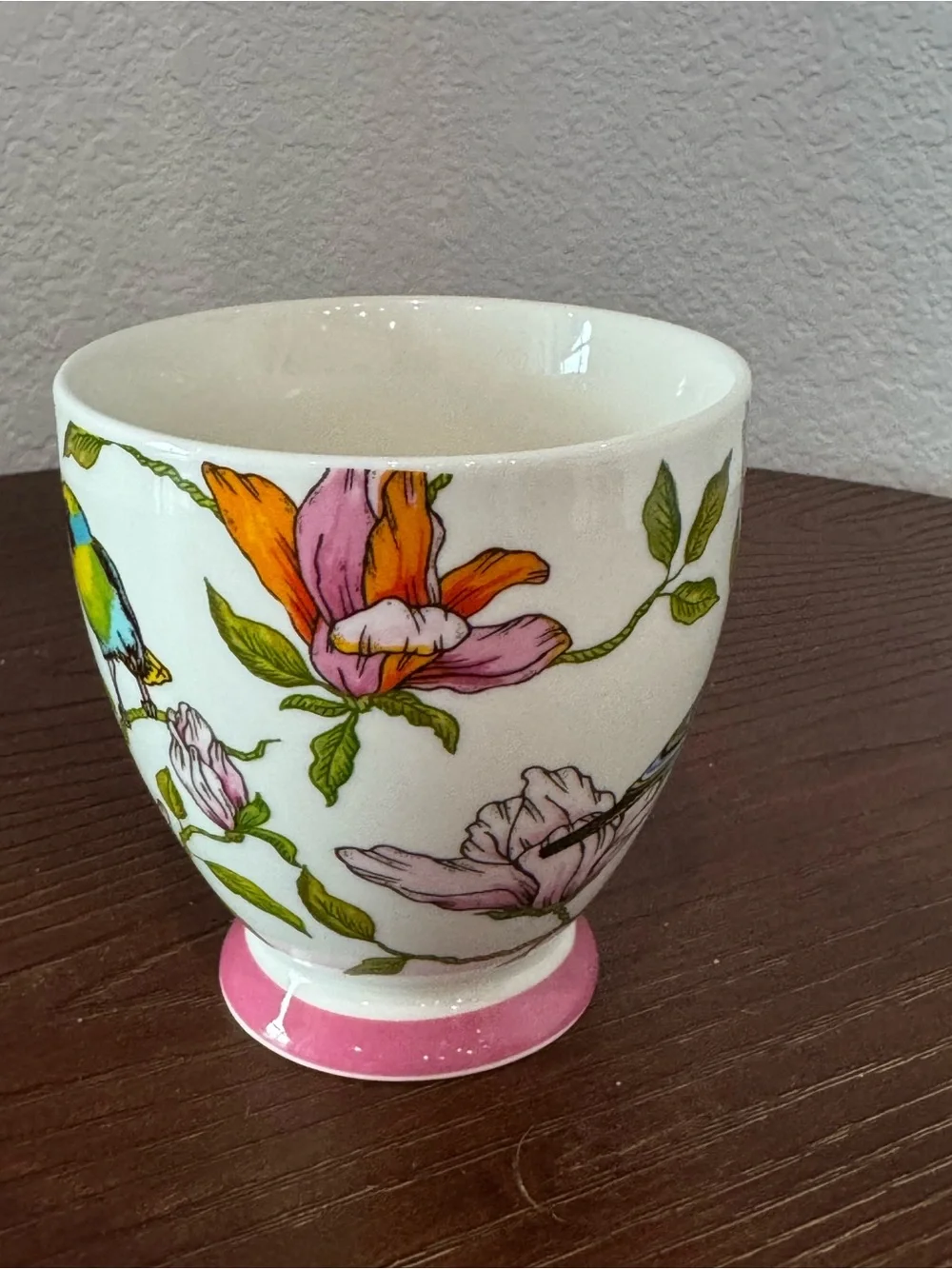The English Mug Company Floral Bird Coffee & Tea Cup in White with Pink
